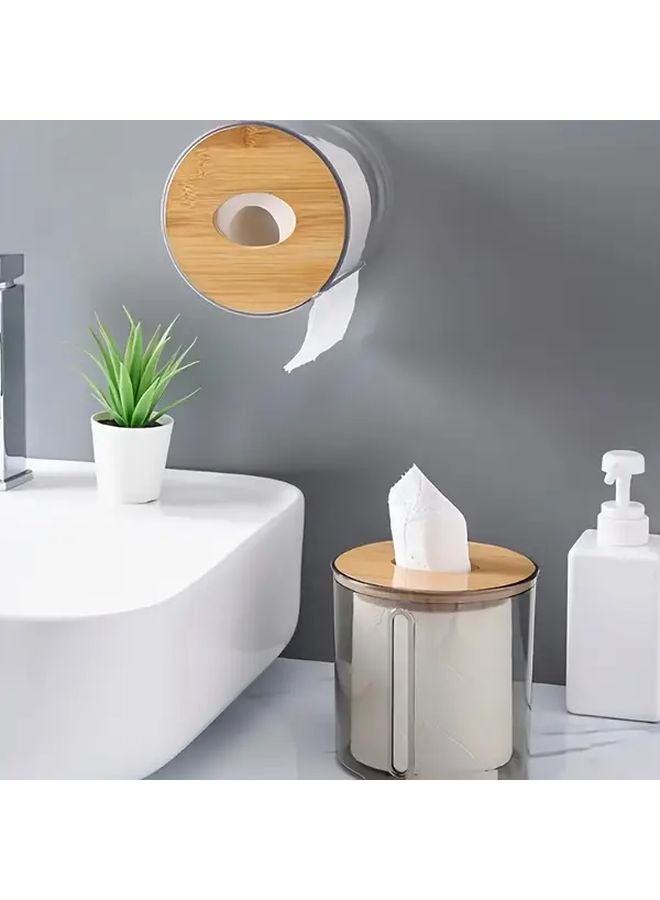 Transparent Silvery Round Tissue Box With Bamboo Lid Bathroom Living Room Storage Container - Image 4